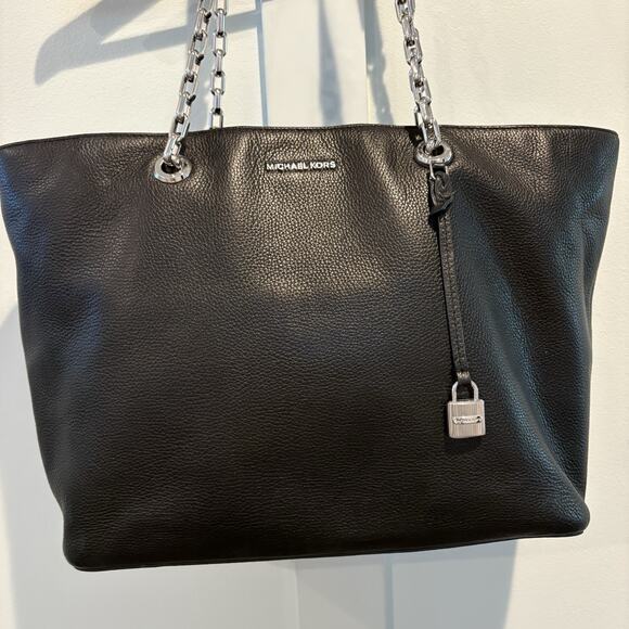 MICHAEL KORS Tote Bag Black Large Chain Mercer Work Bag Pebbled Leather Office - Picture 1 of 16